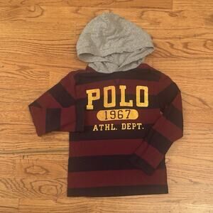 Polo Ralph Lauren Hoodie Shirt Boys 5 Burgundy Navy Stripe Yellow Spellout